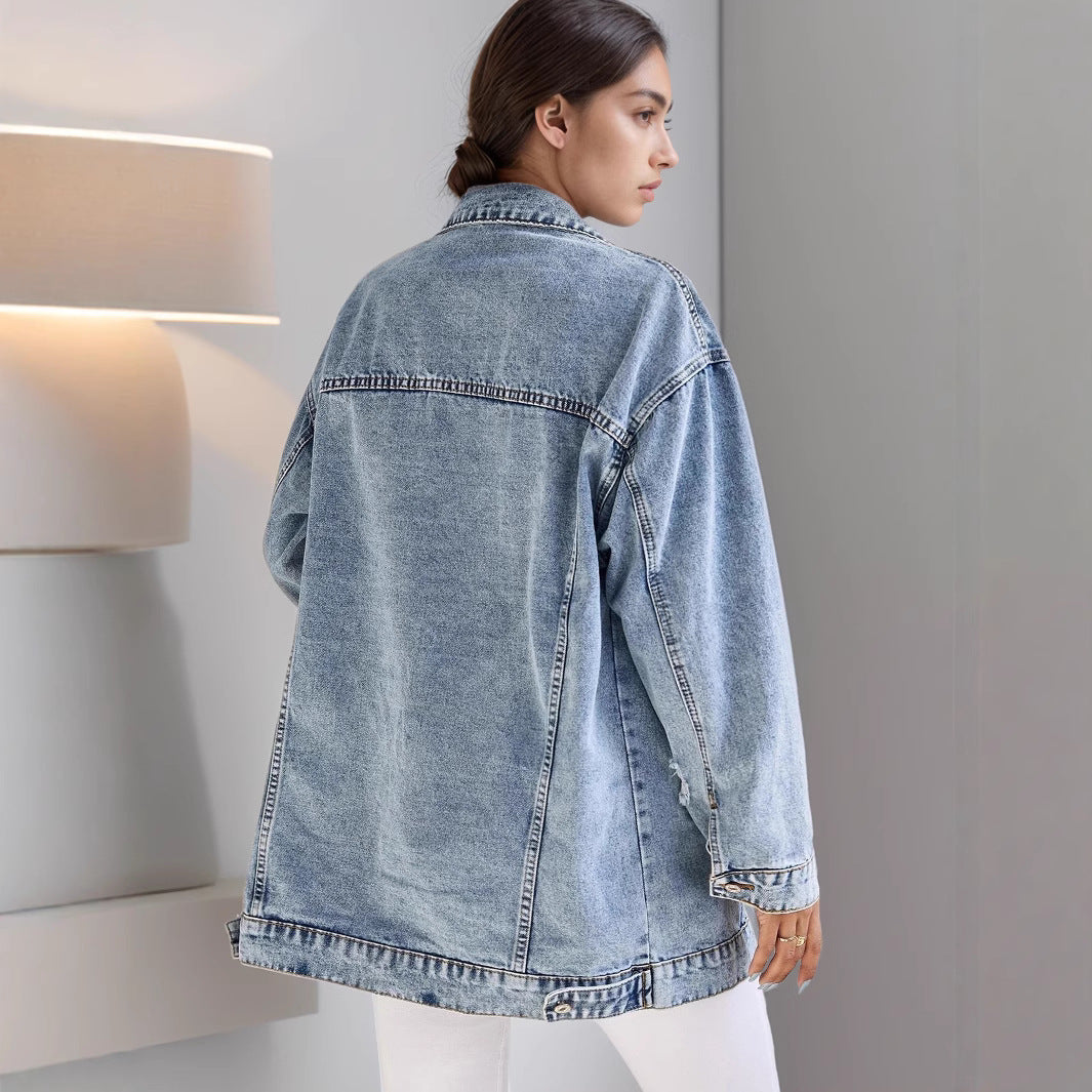 Women Ripped Collared Mid Length Denim Coat