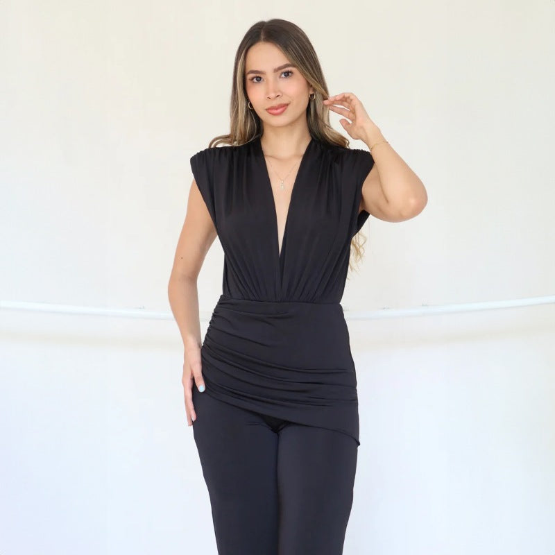 Women Clothing Spring Summer Elegant Deep V Plunge neck Sleeveless Slim Pleated Straight Jumpsuit