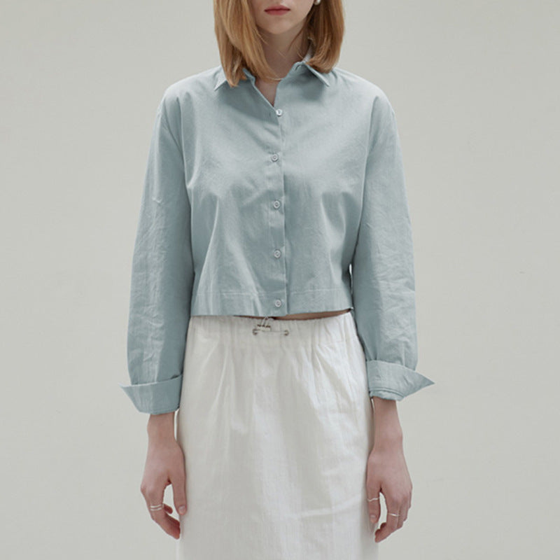Autumn Short Shirt Cotton Hem Elastic Waist Tight Design Casual Slimming Solid Color Long Sleeve Shirt for Women