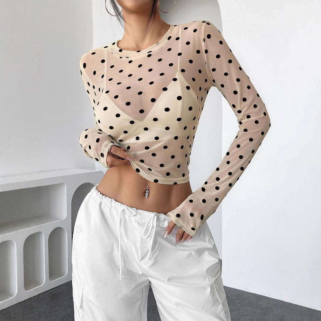 Spring Summer Sexy See through Dot Slim Mesh round Neck Long Sleeve T shirt Women