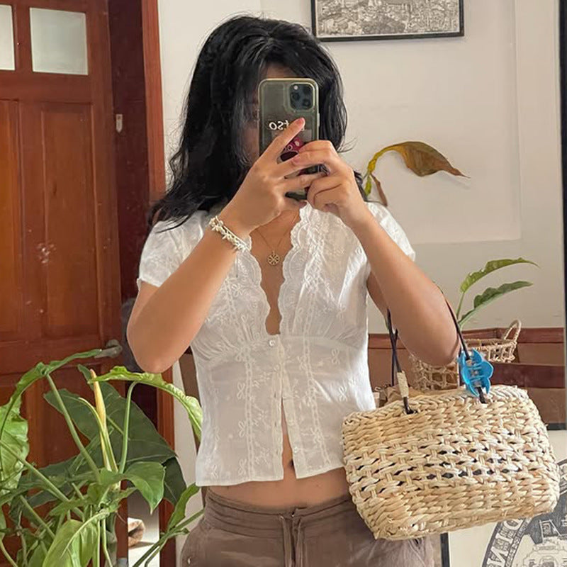 Niche Design Jacquard Waist Tight Small Shirt French Sexy Spring Girl Element Puff Sleeve Cardigan Top