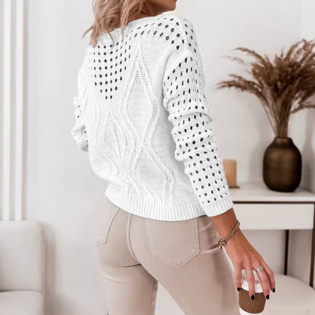 Autumn Solid Color Loose Fitting Women Sweater off Neck Pullover Long Sleeve Hollow Out Cutout out Sweater Women