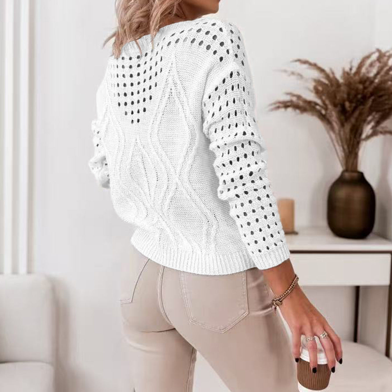 Autumn Solid Color Loose Fitting Women Sweater off Neck Pullover Long Sleeve Hollow Out Cutout out Sweater Women