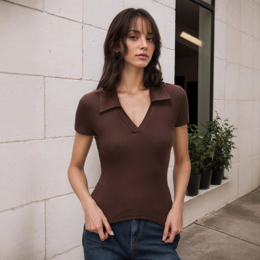 Women Summer Sexy Slim Fit Polo Collar Sexy Outer Wear Underwear Short Sleeve T shirt