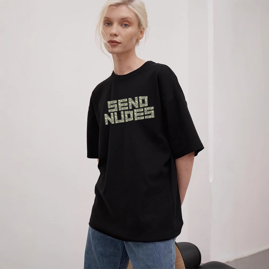 Simple Printed T shirt Women Summer Loose round Neck Cotton Short Sleeve Top