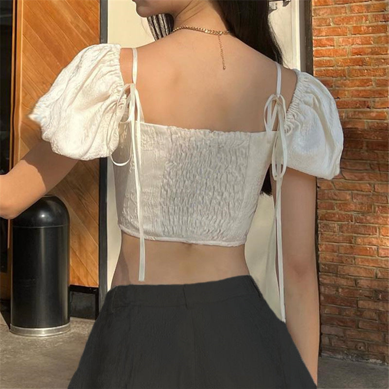 Spring Sexy Sweet French Royal Puff Sleeve Short Top for Women