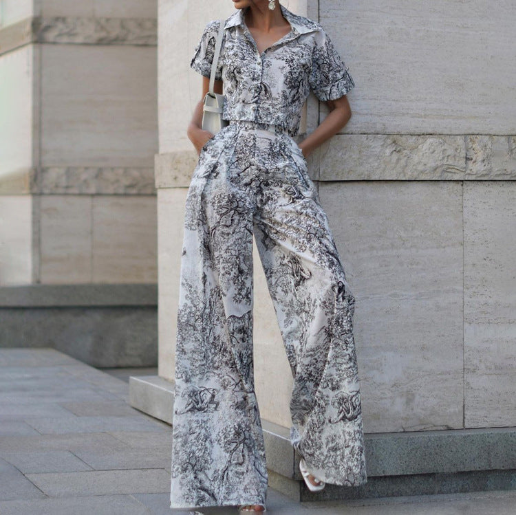 Collared Short Shirt High Waist Slimming Wide Leg Pants Two Piece Sets Women Clothing Ink Printing