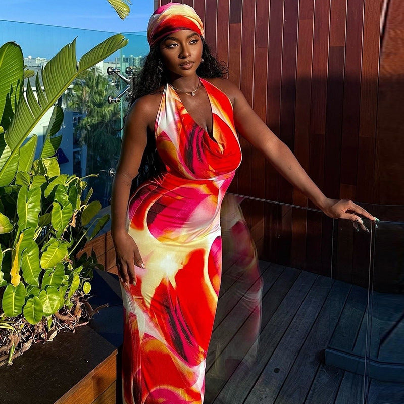Women Clothing Sleeveless Lace up Tight Dress Deep V Plunge neck Sexy Backless Halter Printing Dress