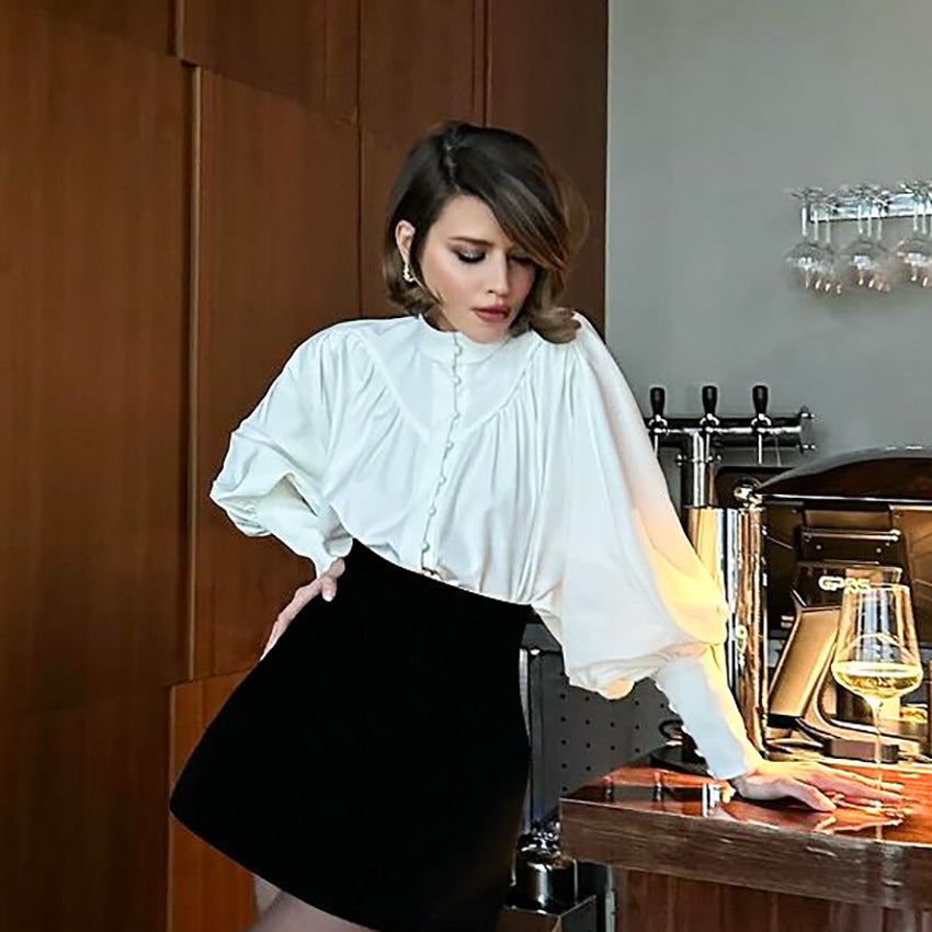 Autumn Winter White Casual Elegant Loose Small Stand up Collar Puff Sleeve Pleated Office Women Shirt