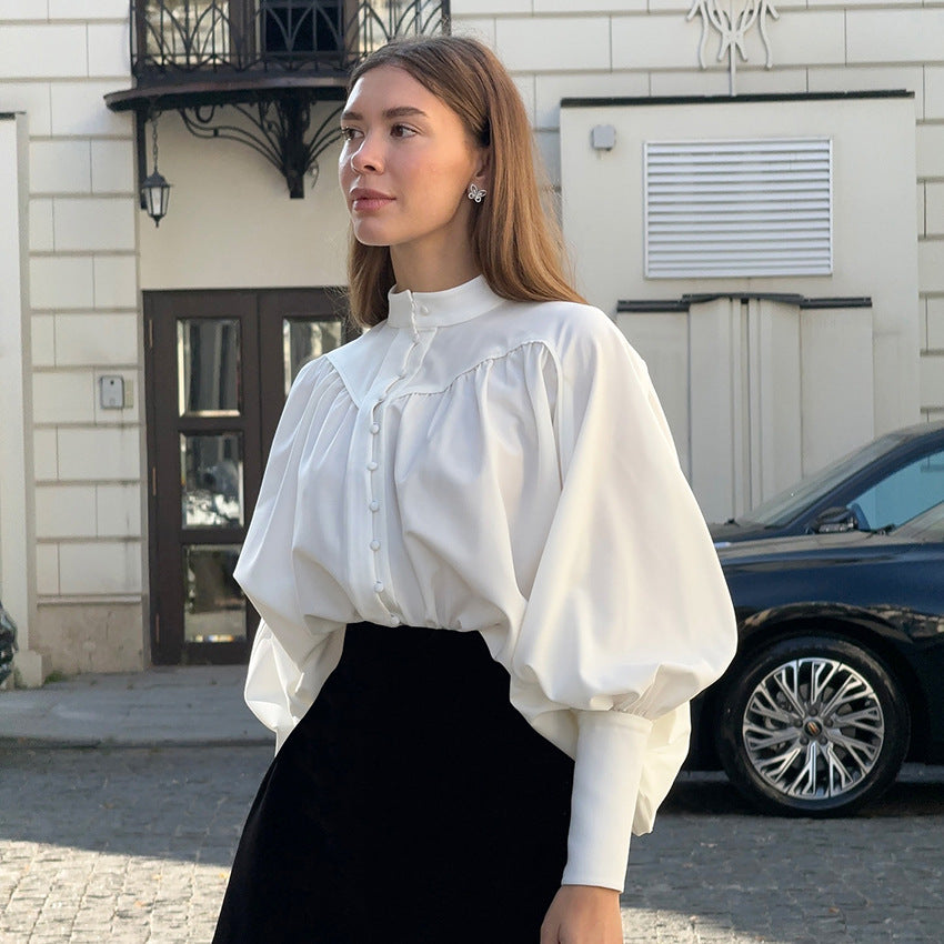 Autumn Winter White Casual Elegant Loose Small Stand up Collar Puff Sleeve Pleated Office Women Shirt