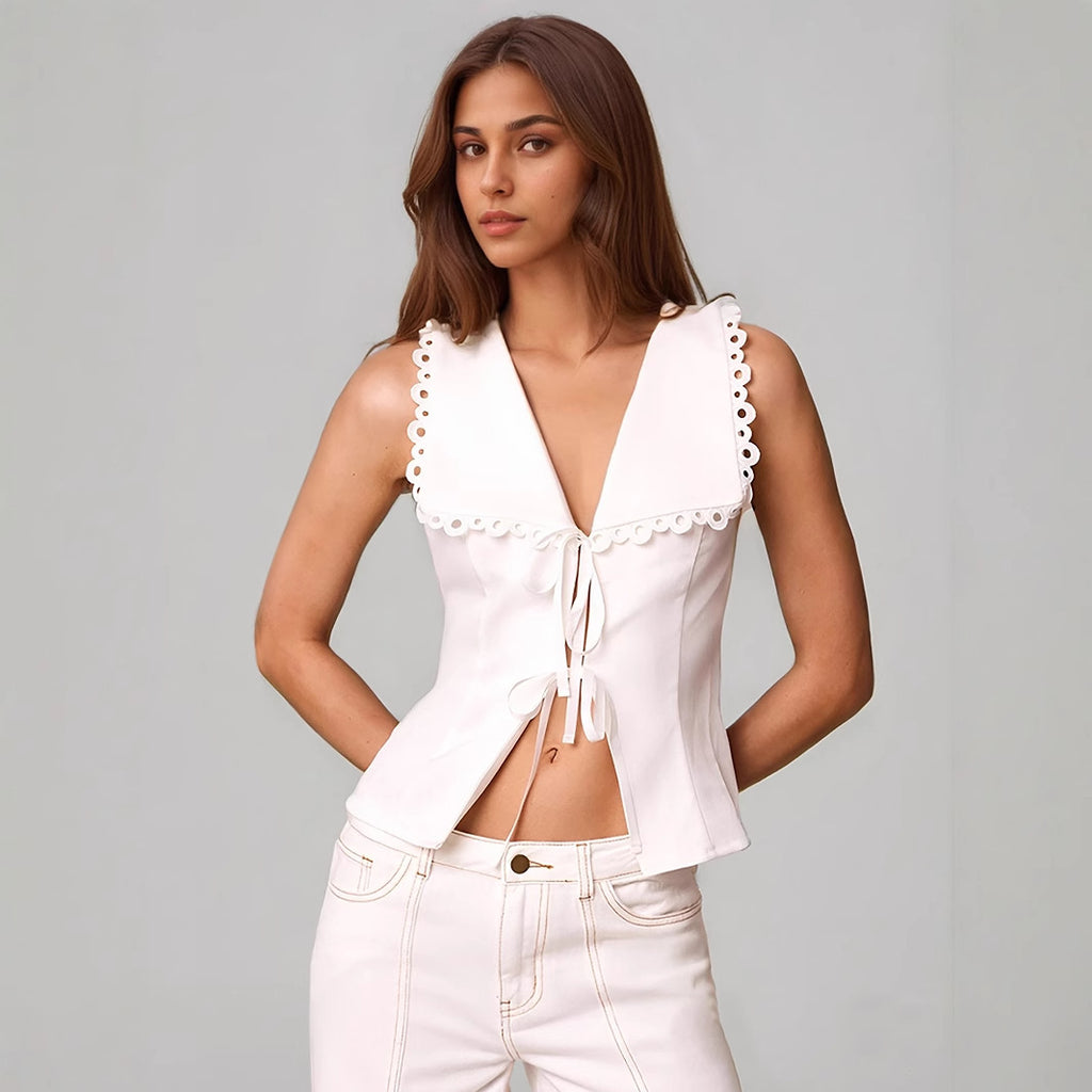 Women Clothing White Lace Trim Lace up Shirt Intellectual Elegant Top for Women Slim Fit Sleeveless Top