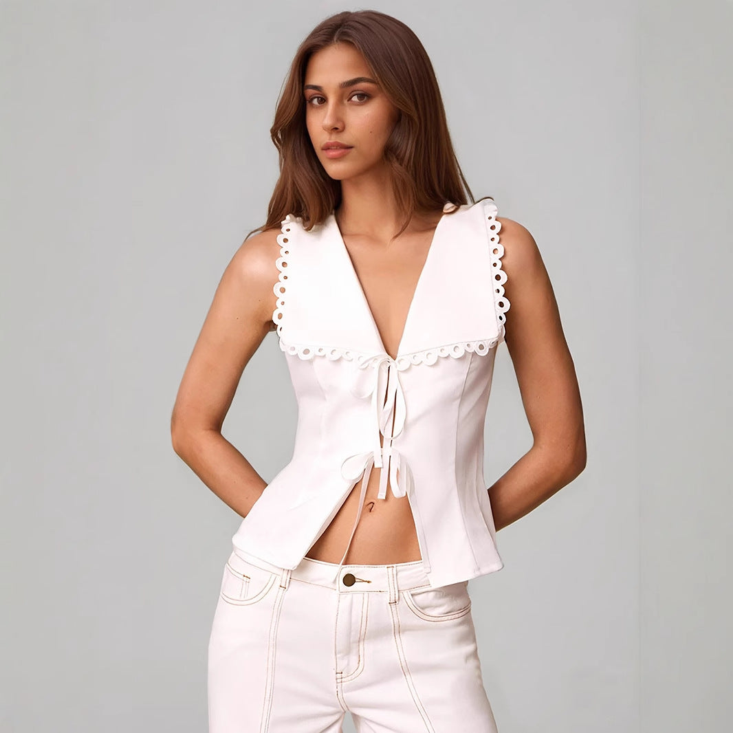Women Clothing White Lace Trim Lace up Shirt Intellectual Elegant Top for Women Slim Fit Sleeveless Top