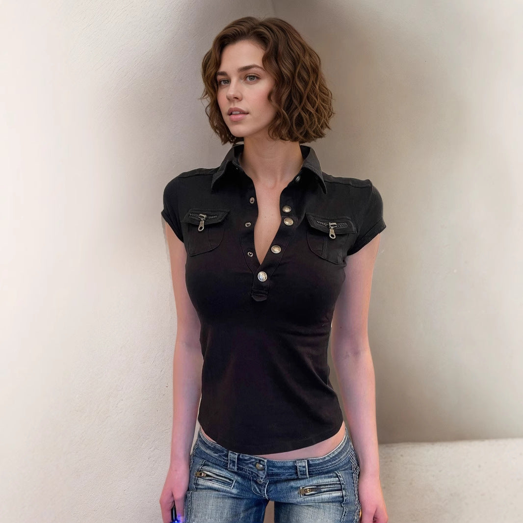 Personalized Work Clothes Breasted Polo Collar Shirt Pocket Zipper Short Sleeved Casual T shirt Sexy Top