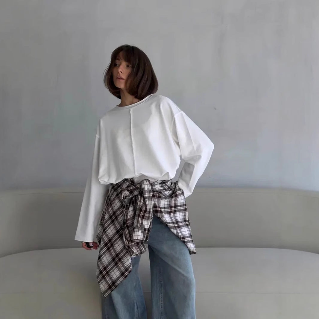 Spring Summer Worn Cotton Long Sleeve T shirt Women Loose Soft Knitted Terry Cloth Top Women
