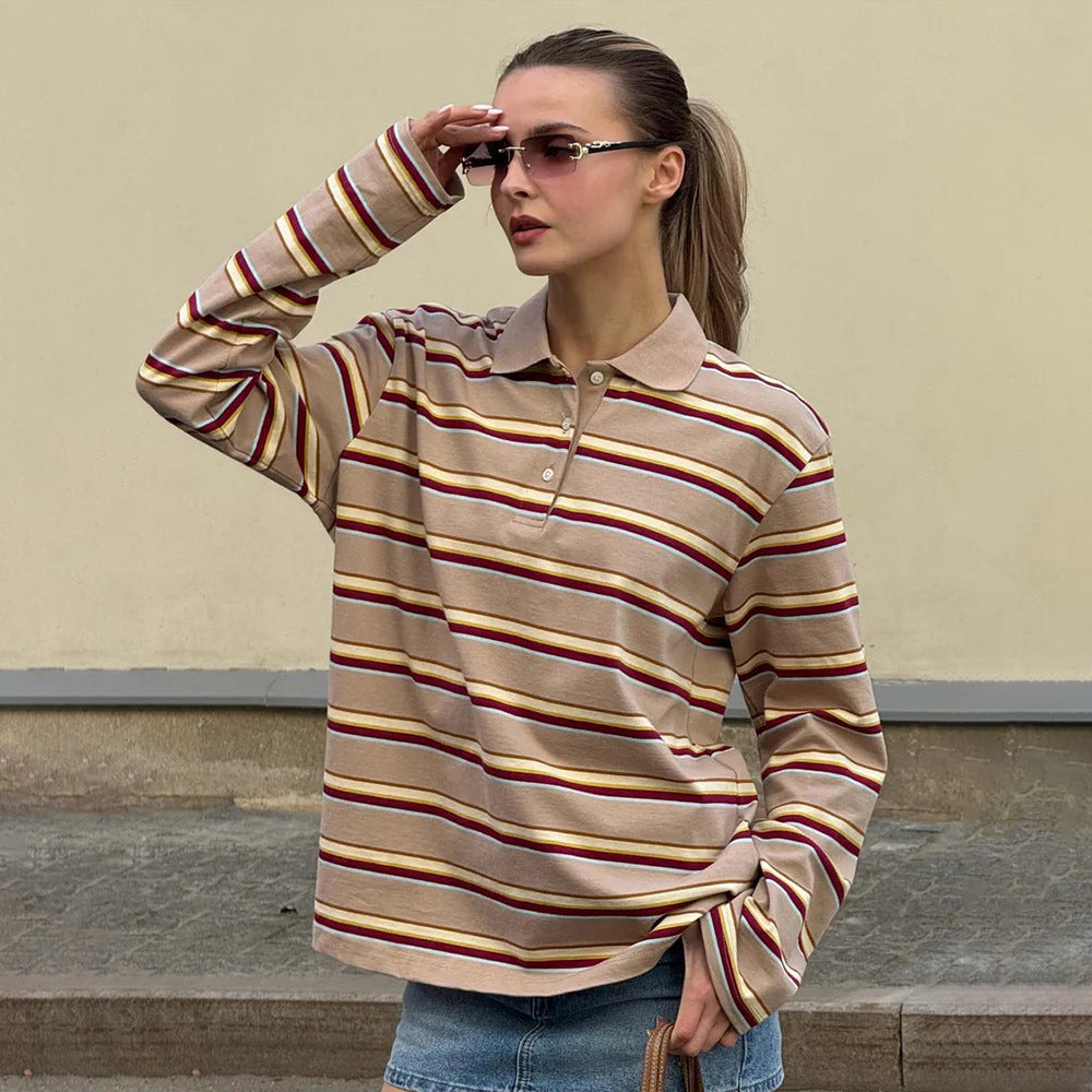Long Sleeved Striped T shirt Women Spring Summer Polo Collar Loose T shirt Trendy Retro Bottoming T shirt