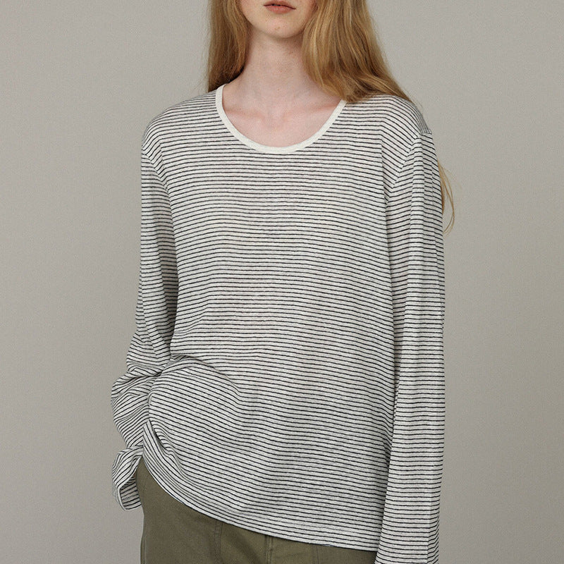 Fall Women Clothing Cotton Linen Stripes T shirt Long Sleeve Loose Korean Casual Relaxed Feeling Pullover T shirt Tops