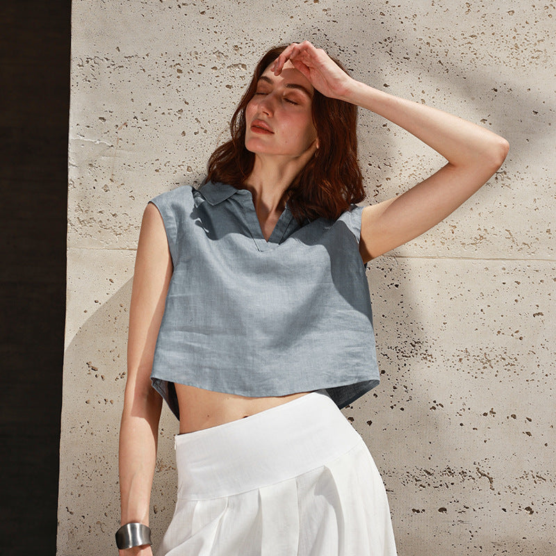 Linen V neck Sleeveless Short Shirt Summer Simple Office Polo Collar Top High Vest for Women