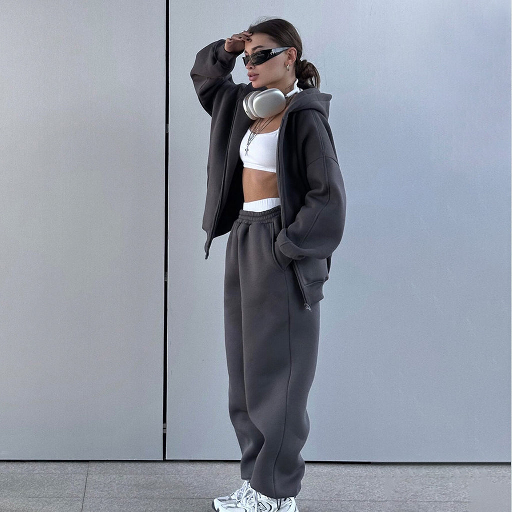 Women Hooded Polar Fleece Cardigan Sweater Suit Two Piece Set Women