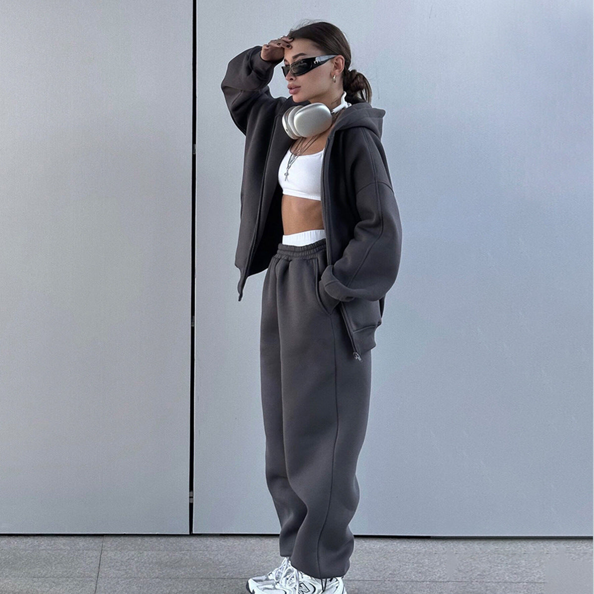 Women Hooded Polar Fleece Cardigan Sweater Suit Two Piece Set Women