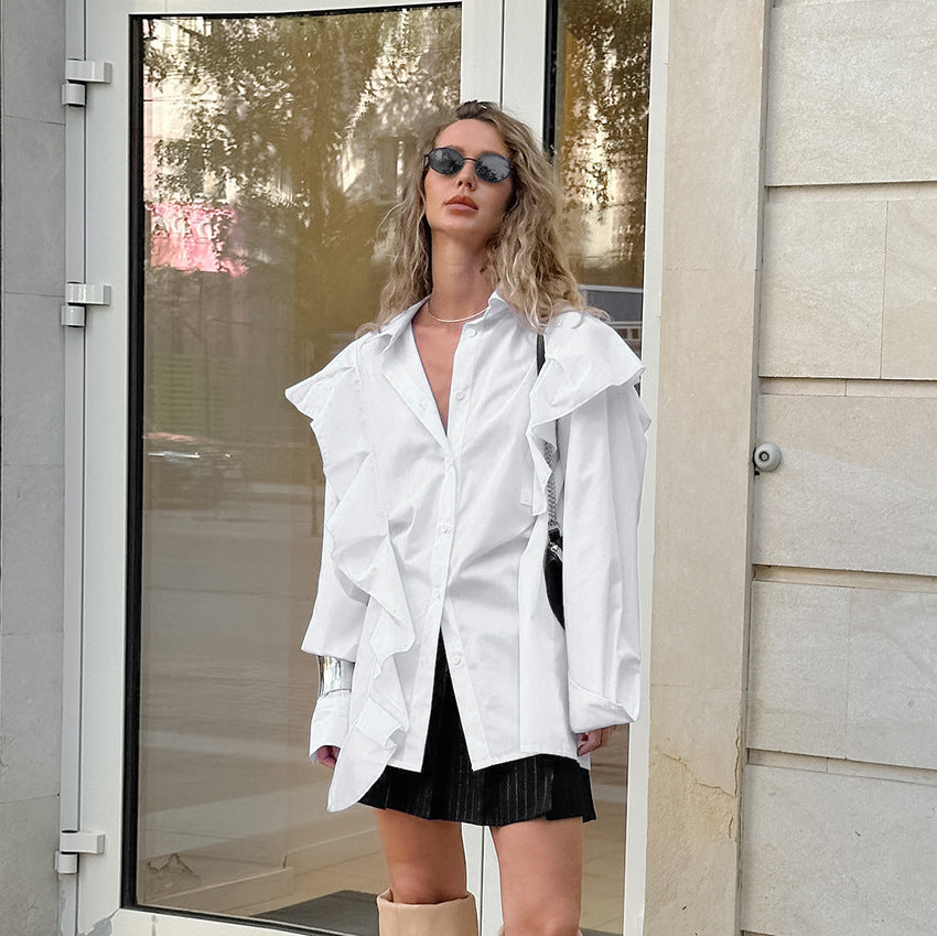 Classic Elegant Ruffled Collared Shirt Sleeve Loose Office Autumn Winter Niche Women Shirt