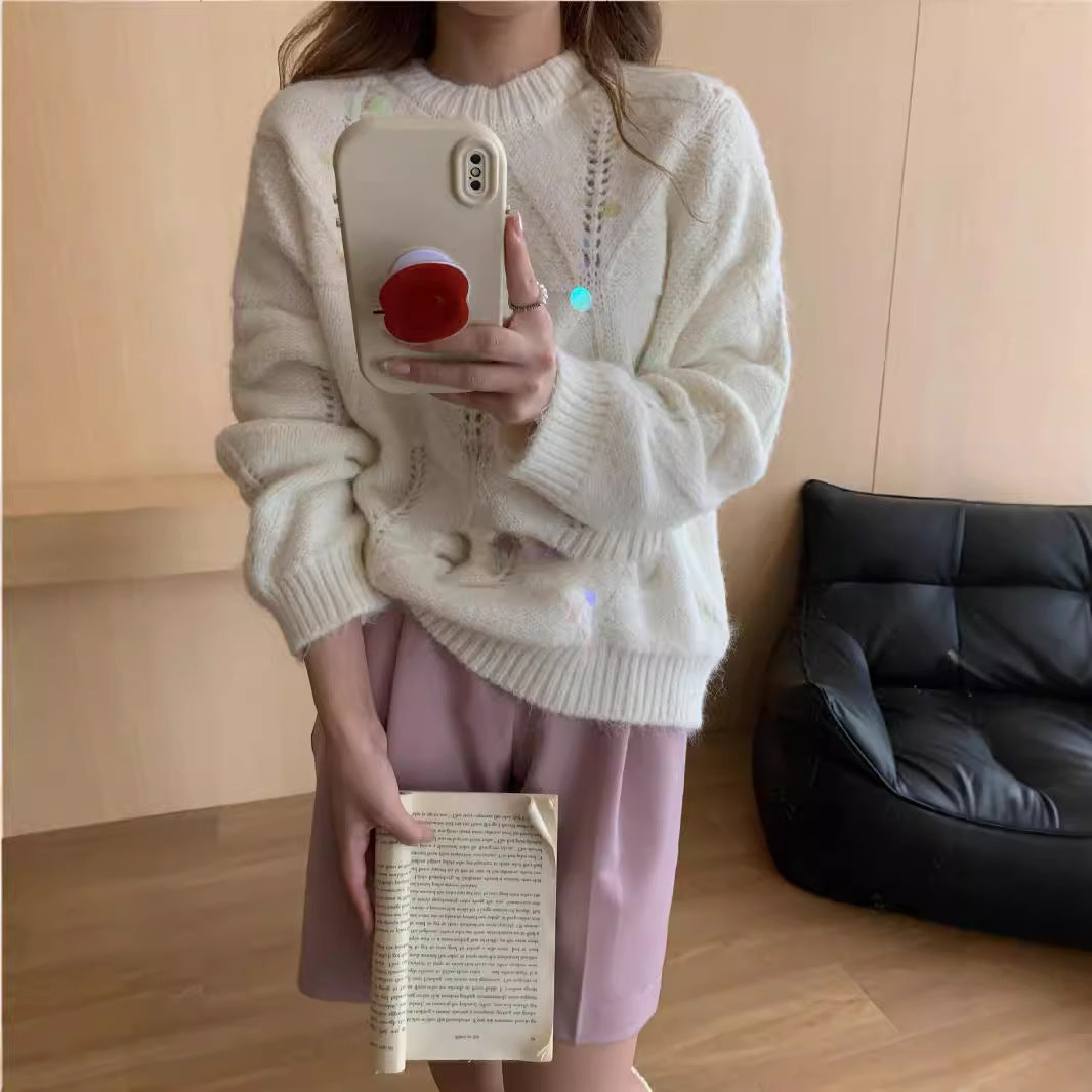 French Retro Sequined Hollow Out Cutout out Soft Glutinous Sweater Knitwear Women Autumn Winter Heavy Industry Design Niche Lazy Loose Top