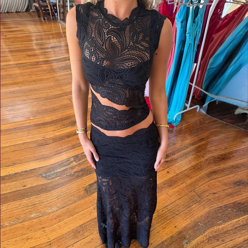 Women Clothing Summer Sexy Lace Hollow Out Cutout Top See through Hip Skirt Set Women