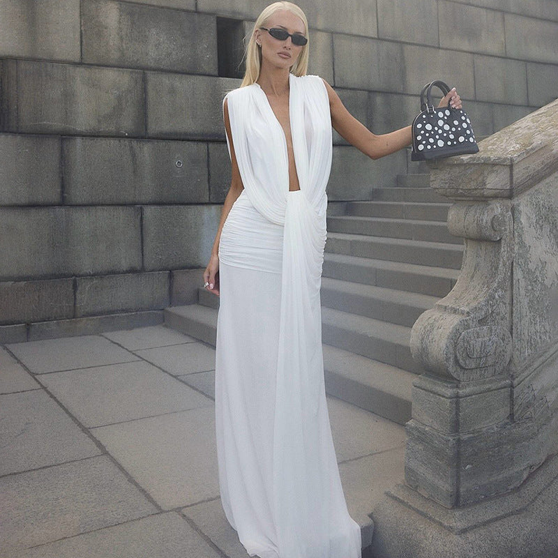 Summer Women Clothing Sexy Deep V Plunge neck High Waist Sheath Solid Color Dress Women