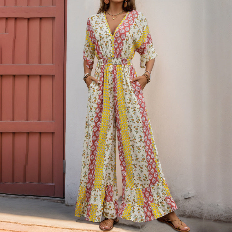 Women Five Quarter Sleeve V neck Geometric Abstract Striped Floral Printed Jumpsuit