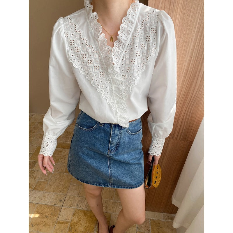 Vintage Court Hollow Out Cutout Embroidery Lace V neck Long Sleeve Shirt