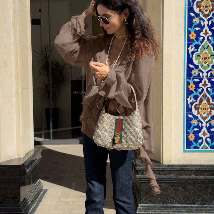 Chiffon V neck Long Sleeve Shirt Women Pleated Loose Office All Matching Top