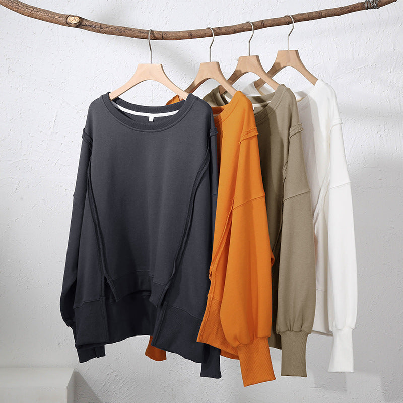 Niche Design Patchwork Sweatshirt Spring Loose Terry Hem Irregular Asymmetric Top Women