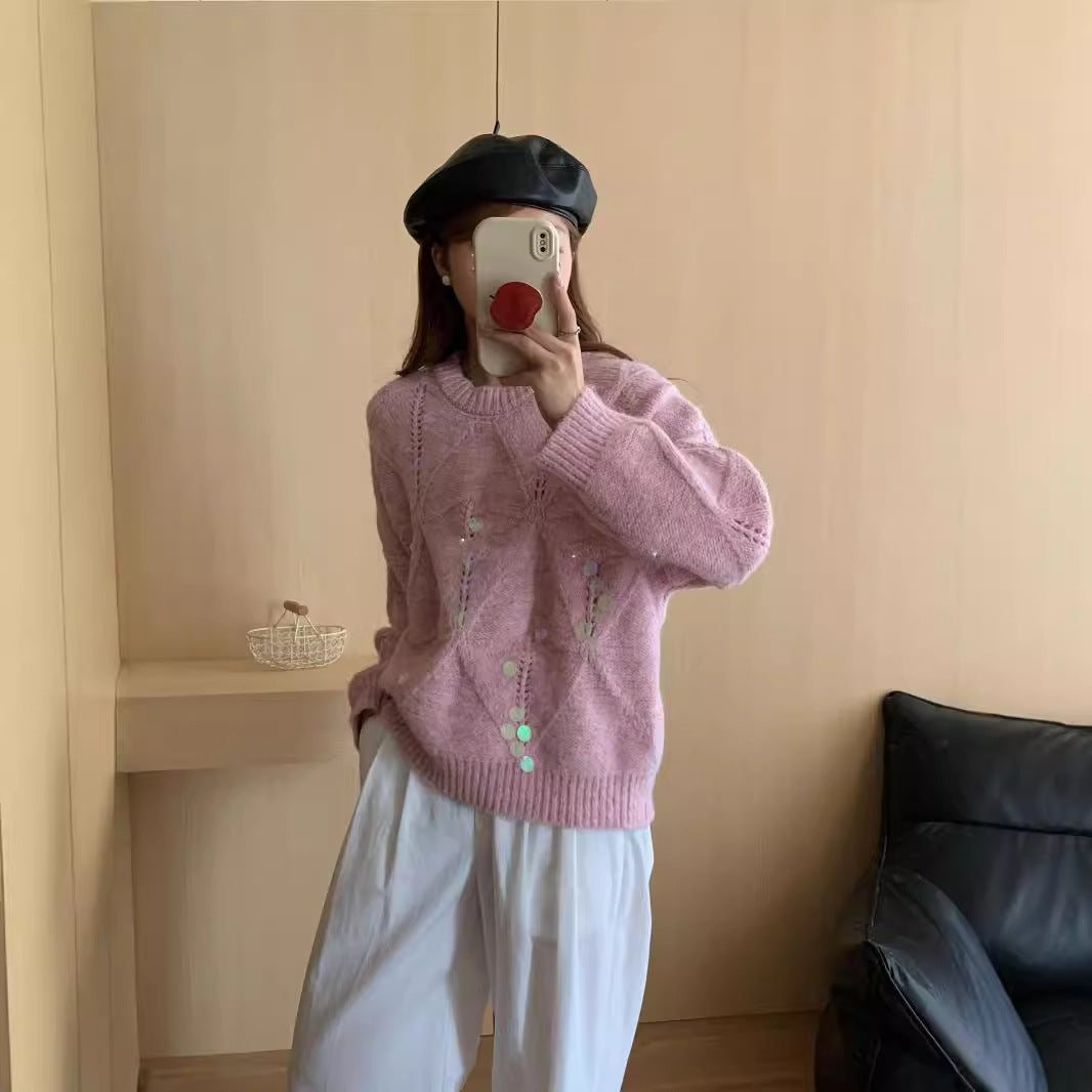 French Retro Sequined Hollow Out Cutout out Soft Glutinous Sweater Knitwear Women Autumn Winter Heavy Industry Design Niche Lazy Loose Top