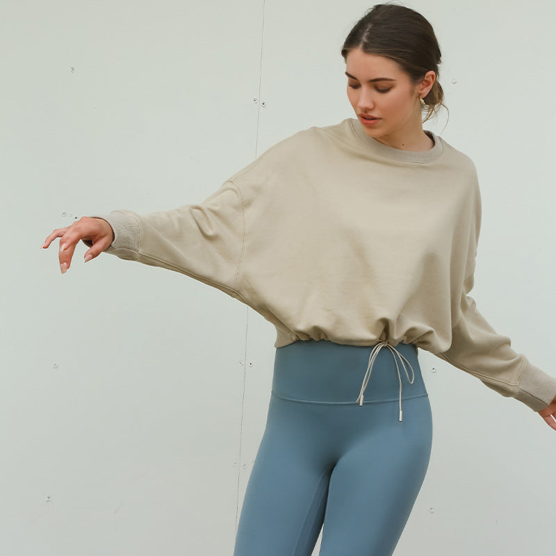 Short Sweatshirt Pure Cotton Cinched Drawstring Sports Yoga Pullover Top