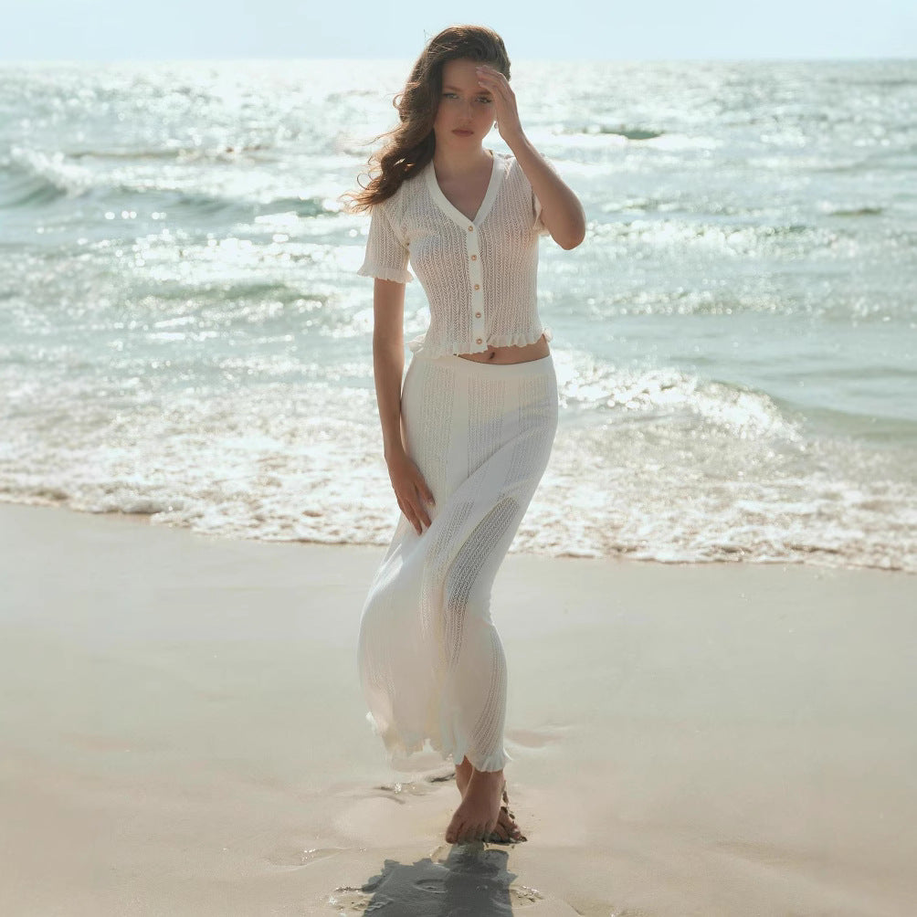 Summer Knitted Beach Skirt Two Piece Set Sexy Cutout Top High Waist Skirt Beach Vacation Women
