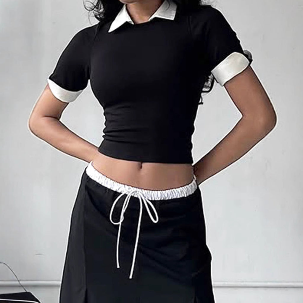 Unique Design Collared Color Matching Short Siren Faux Two Piece Half Sleeve T shirt Sexy Simple Knitting Top