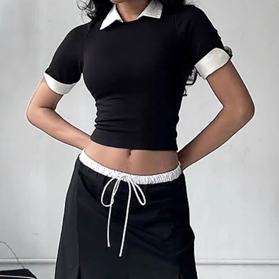 Unique Design Collared Color Matching Short Siren Faux Two Piece Half Sleeve T shirt Sexy Simple Knitting Top