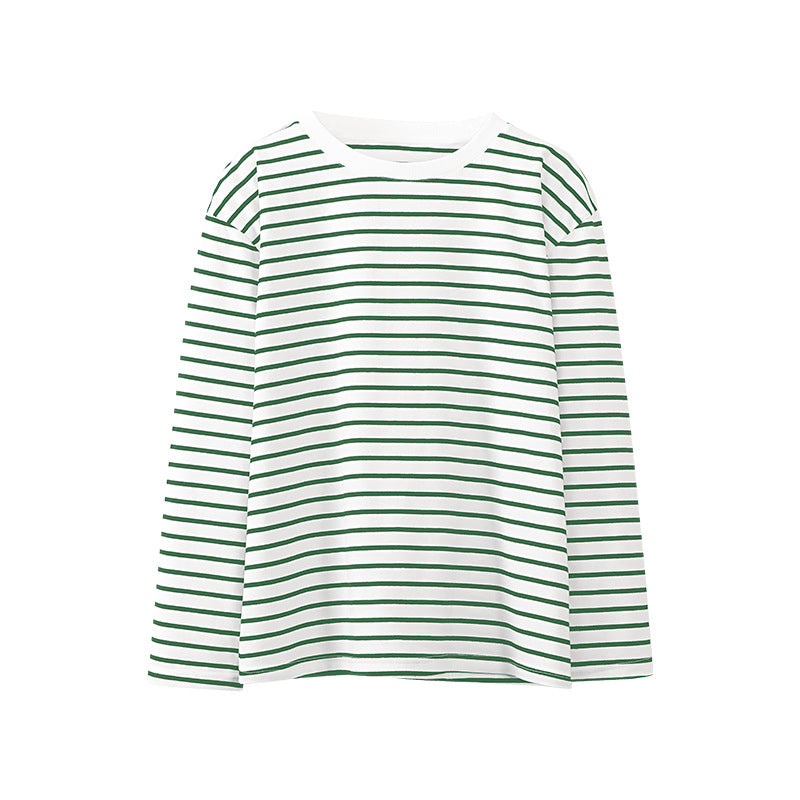 Long Sleeved Striped T shirt Spring Trendy Wild Casual round Neck Cotton Striped T shirt