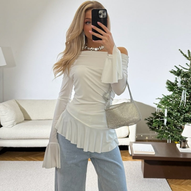 Women Clothing Spring Summer off Shoulder Bell Sleeve Long Sleeved Fitted T shirt Top Women