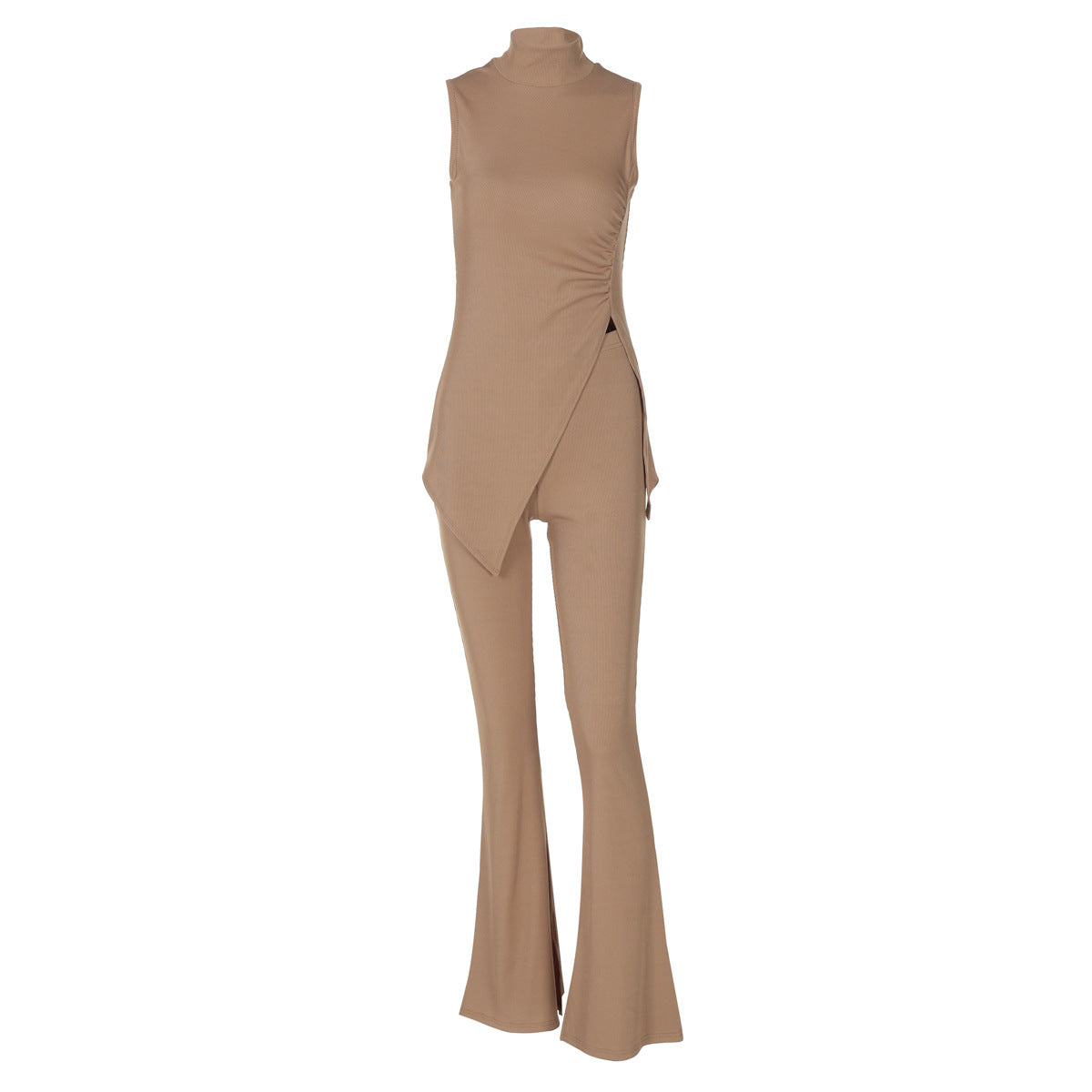 Summer Solid Color Sleeveless High Neck Split Top Slim Trousers Casual Two Piece Set