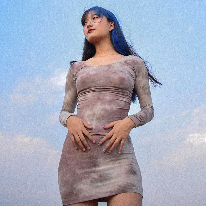 Sexy Tie Dyed Printed Round Neck Pullover Long Sleeve Short Hip Hugger Dress Slim Fit