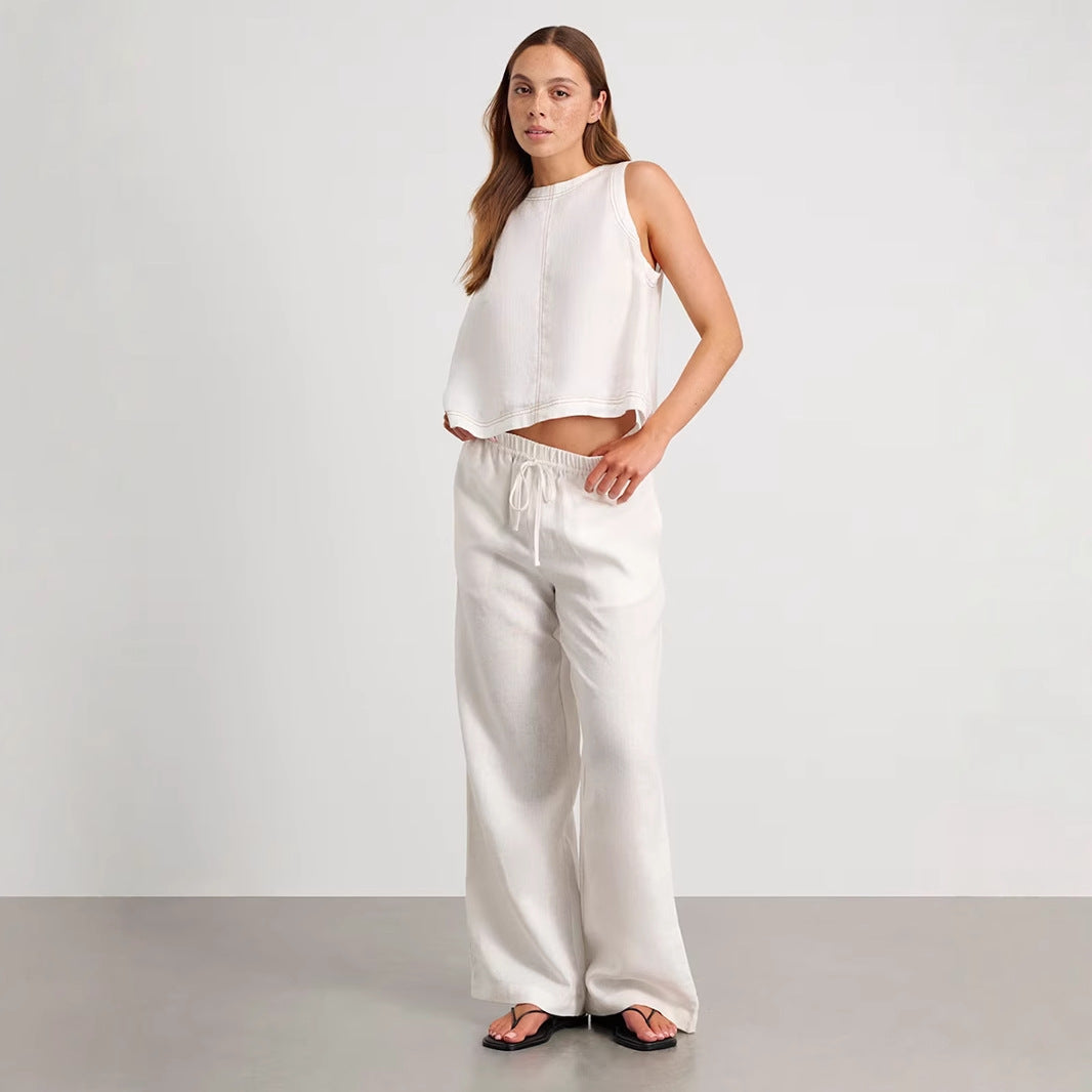 Cotton Linen Vest Pants Set Spring Summer Wide Leg Pants Sleeveless Vest Casual Set Women