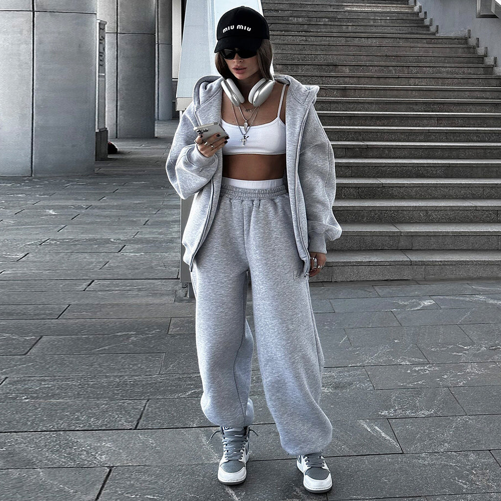 Women Hooded Polar Fleece Cardigan Sweater Suit Two Piece Set Women
