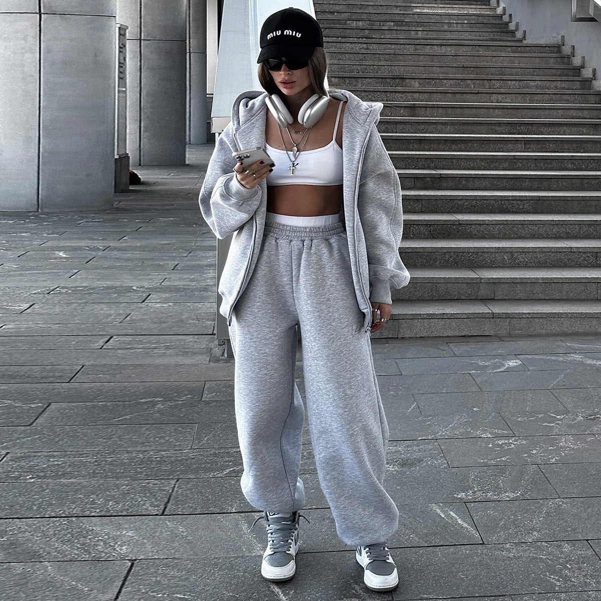 Women Hooded Polar Fleece Cardigan Sweater Suit Two Piece Set Women