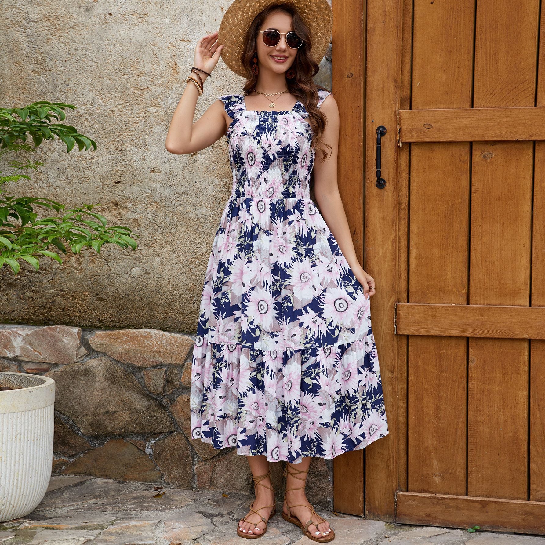 Rayon Ruffle Sleeve Vest Dress Vacation Elegant Big Hem Dress