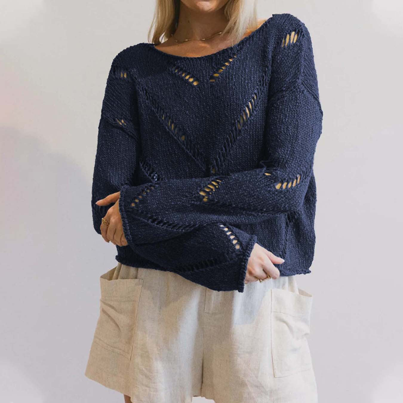 Solid Color Idle Hollow Out Cutout out Thin Knitwear Sweater Women Autumn Long Sleeve Short Top Women