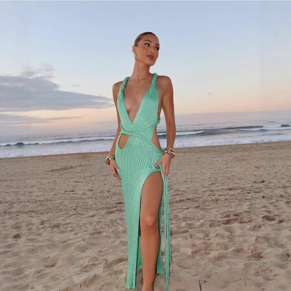 Spring Summer Handmade Braided Hair Rope V neck Backless Cutout Sling Split Wool Dress