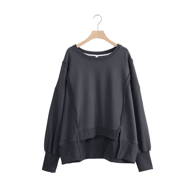 Niche Design Patchwork Sweatshirt Spring Loose Terry Hem Irregular Asymmetric Top Women
