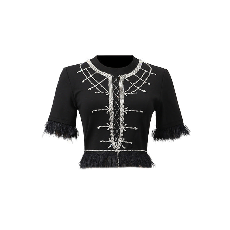 Cool Top Women Summer Trendy Rhinestone Stitching Design round Neck Short Sleeve T shirt for Women
