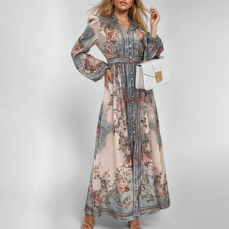 Women Clothing Elegant V neck Printed Long Sleeve Dress