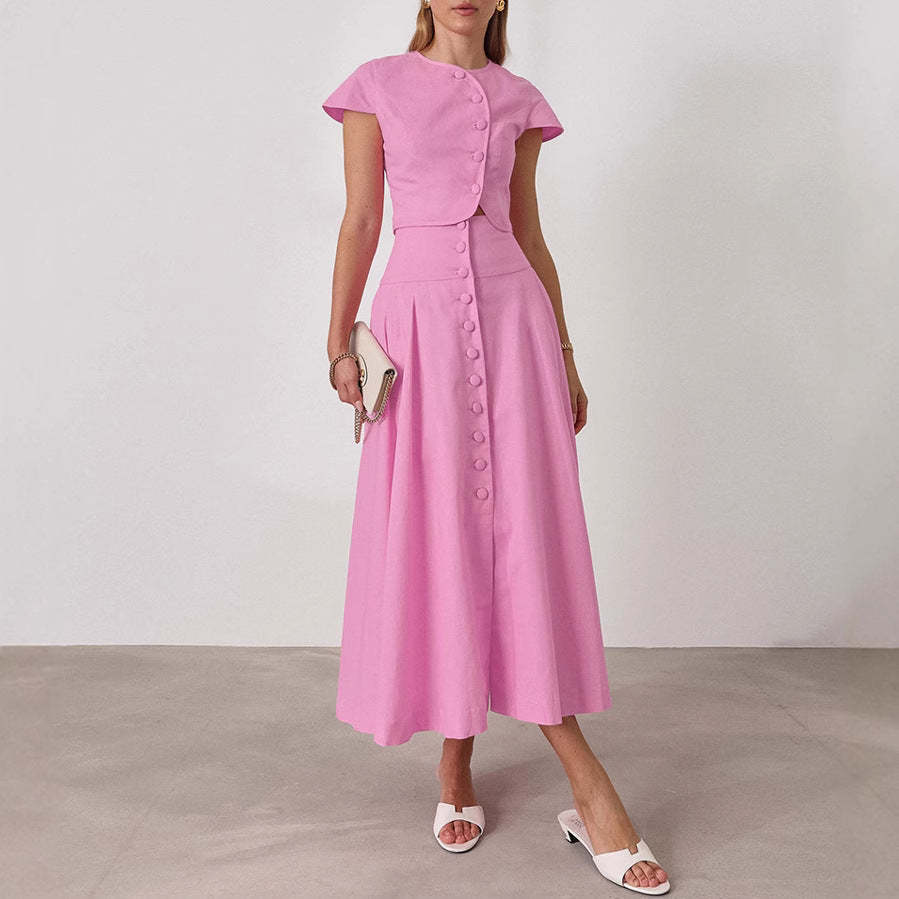 Spring Summer Pink Cotton High Waist V neck Skirt Set Women Two Piece Set